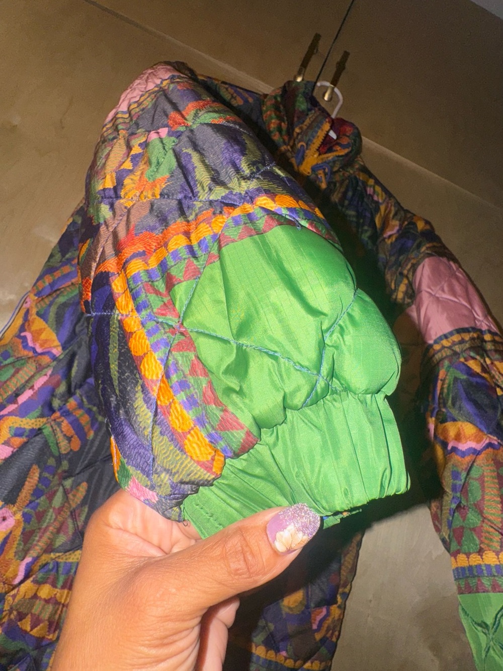 Farm Rio Puffer Multicolor Quilted Long Puffer Coat with Belt - Picture 12 of 15